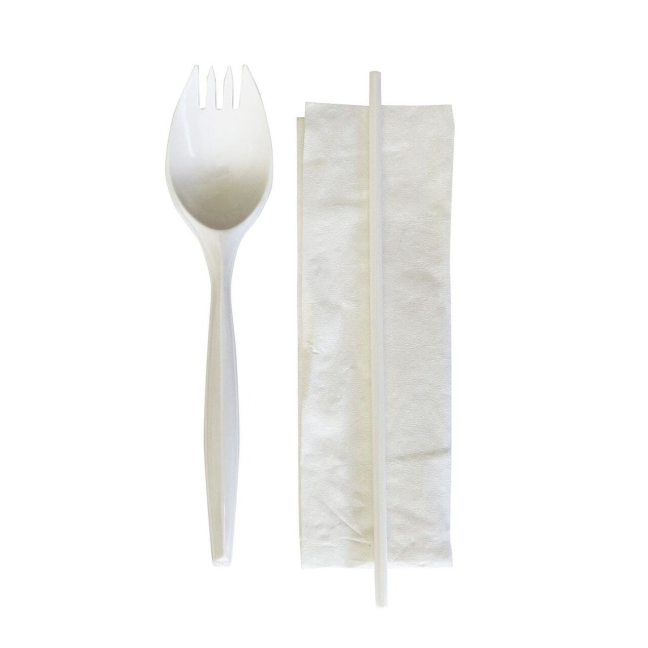 Boardwalk 5.31 in. Mediumweight Plastic School Cutlery Napkin/Spork/Straw Kit - White (1000/Carton)